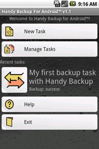 Handy Backup for Android, main screen